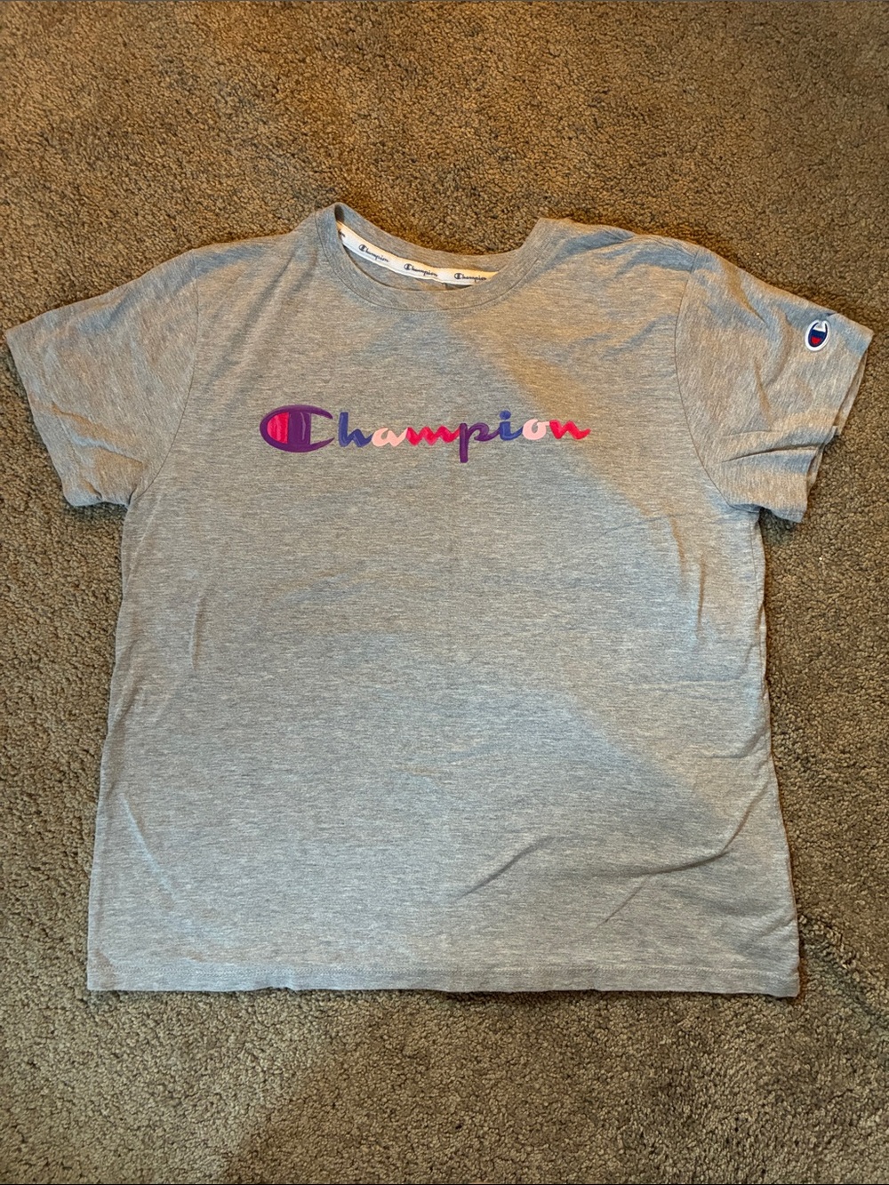 Champion Gray Tee with Pink & Purple Script Logo
